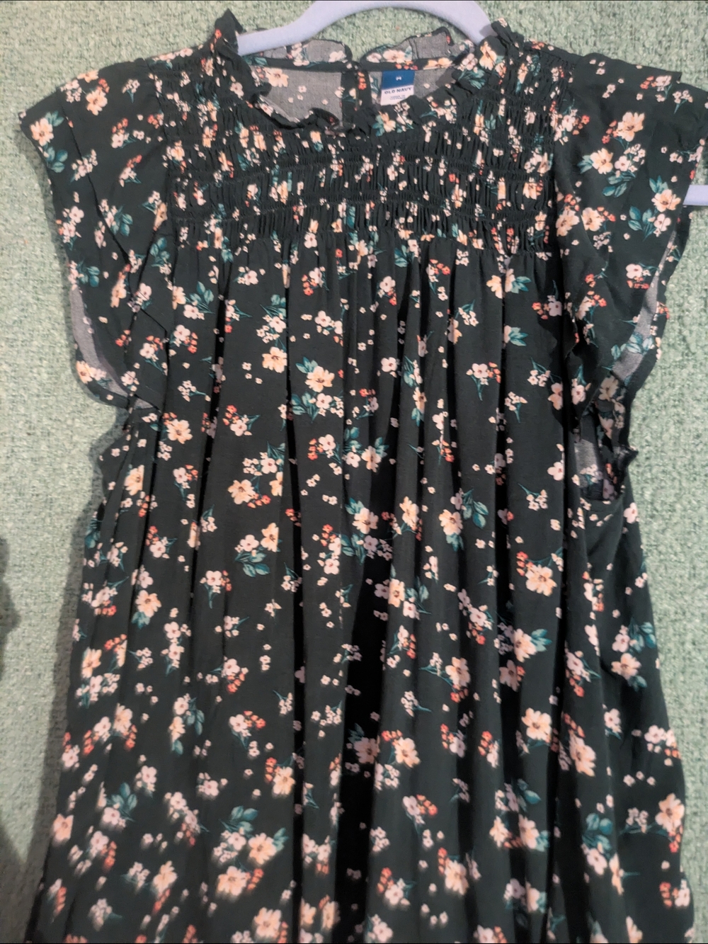 Old Navy Black Floral Smocked Yoke Top with Pink & Teal Flowers